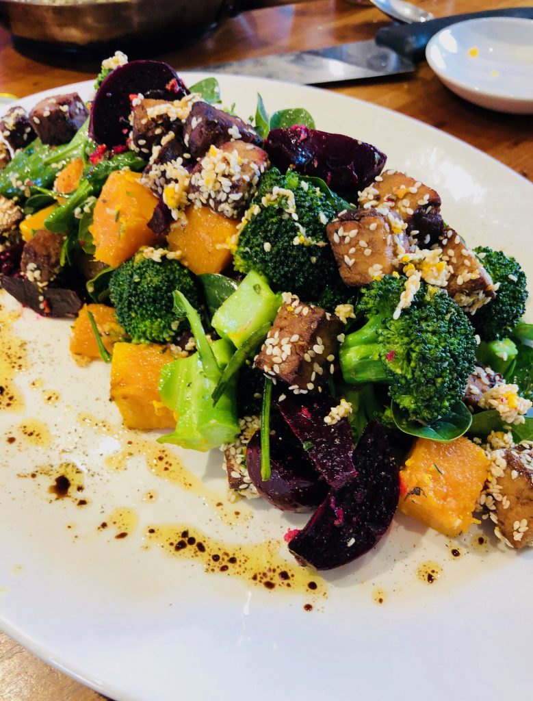 BEETROOT, PUMPKIN AND ROAST TEMPEH SALAD WITH SESAME HONEY DRESSING